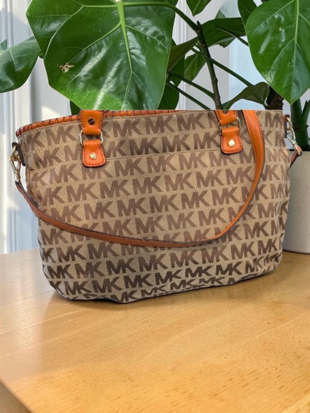 Michael Kors Brown MK Logo Tote with Orange, EC - Picture 3 of 7